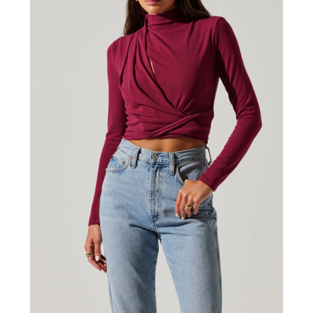 ASTR the Label Asymmetric Pleated Cutout Mock Neck Long Sleeve Top Berry Size L